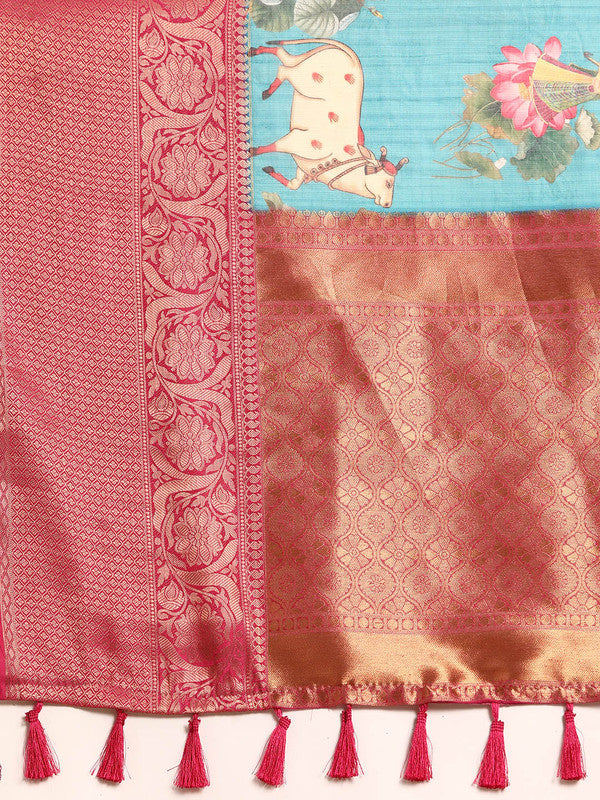 Turquoise Munga Silk Saree with Animal Print and Unstitched Blouse