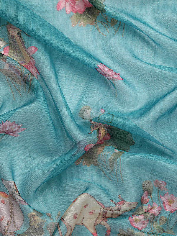 Turquoise Munga Silk Saree with Animal Print and Unstitched Blouse