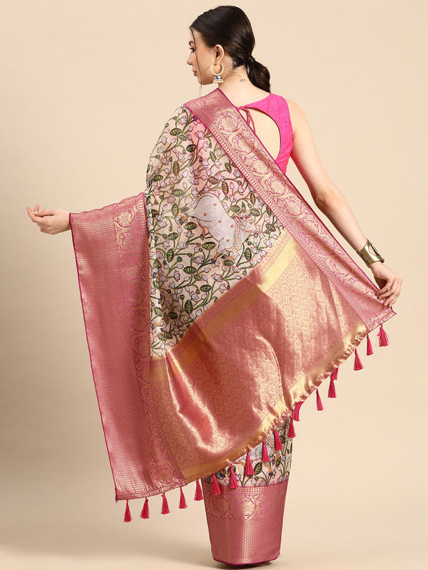 Beige Munga Silk Digital Animal Print Saree with Unstitched Blouse
