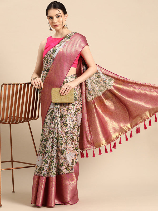 Stylish beige Munga silk saree featuring a bold digital animal print