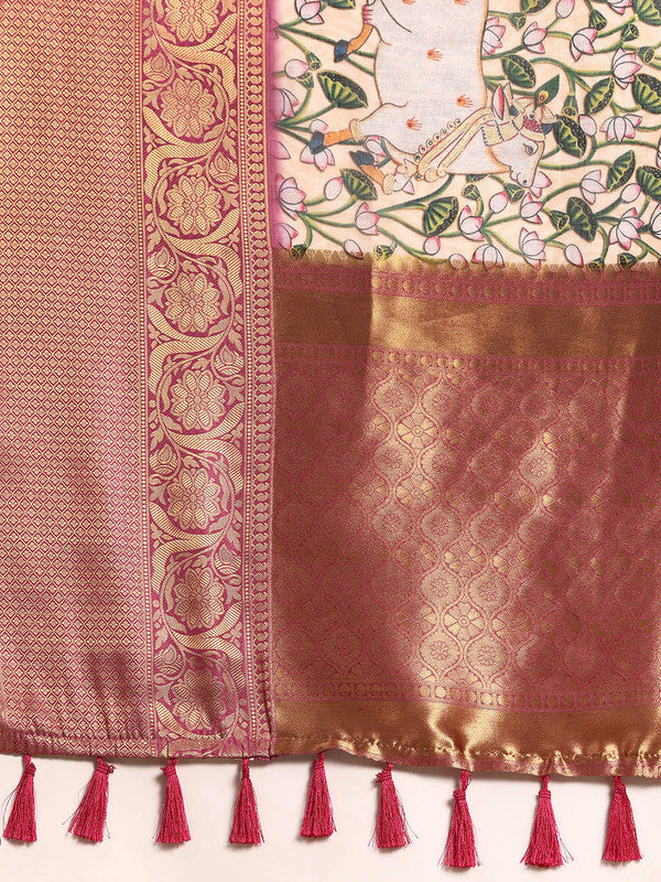 Beige Munga Silk Digital Animal Print Saree with Unstitched Blouse