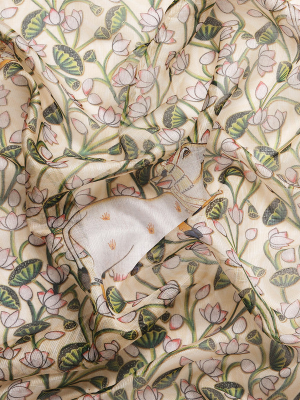 Beige Munga Silk Digital Animal Print Saree with Unstitched Blouse