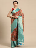 Peach Munga Silk saree with vibrant digital floral print and matching unstitched blouse piece