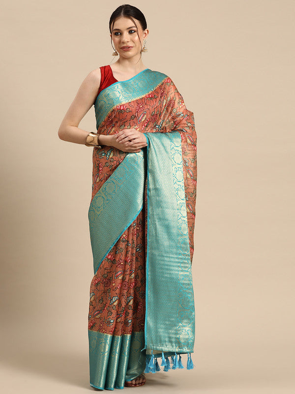 Peach Munga Silk saree with vibrant digital floral print and matching unstitched blouse piece