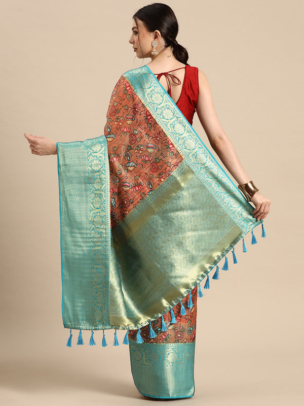 Peach Munga Silk Digital Print Floral Saree with Unstitched Blouse