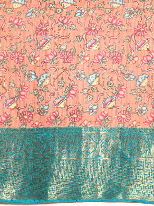 Peach Munga Silk Digital Print Floral Saree with Unstitched Blouse