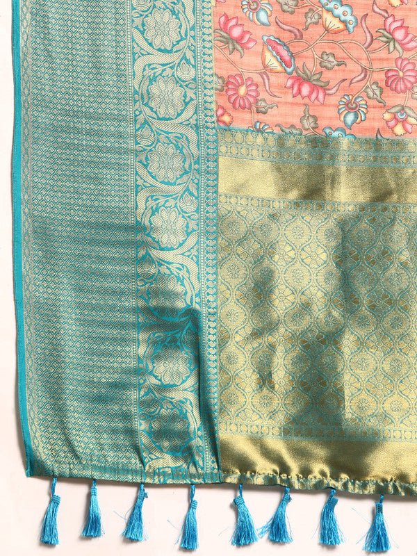 Peach Munga Silk Digital Print Floral Saree with Unstitched Blouse
