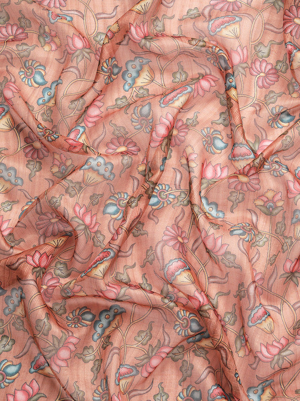 Peach Munga Silk Digital Print Floral Saree with Unstitched Blouse