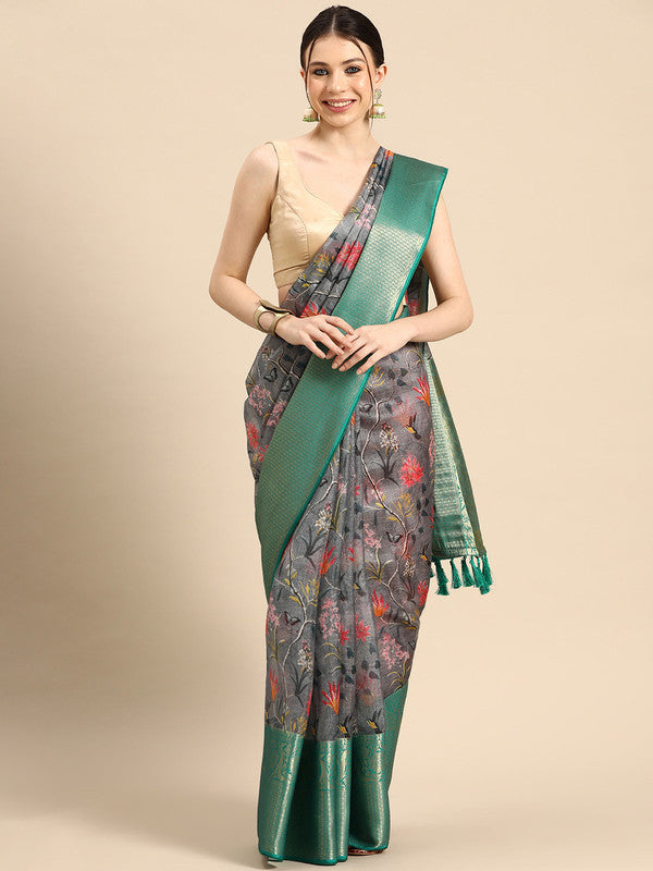 Stylish gray Munga silk saree with modern floral digital prints.