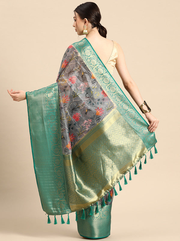 Gray Munga Silk Digital Print Floral Saree with Blouse