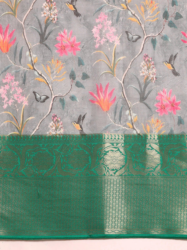 Gray Munga Silk Digital Print Floral Saree with Blouse