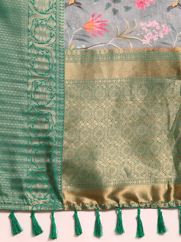 Gray Munga Silk Digital Print Floral Saree with Blouse
