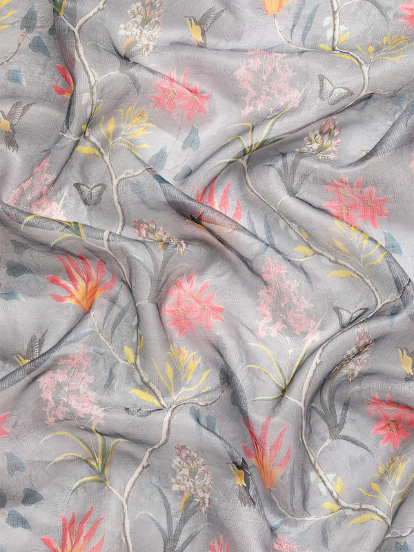 Gray Munga Silk Digital Print Floral Saree with Blouse