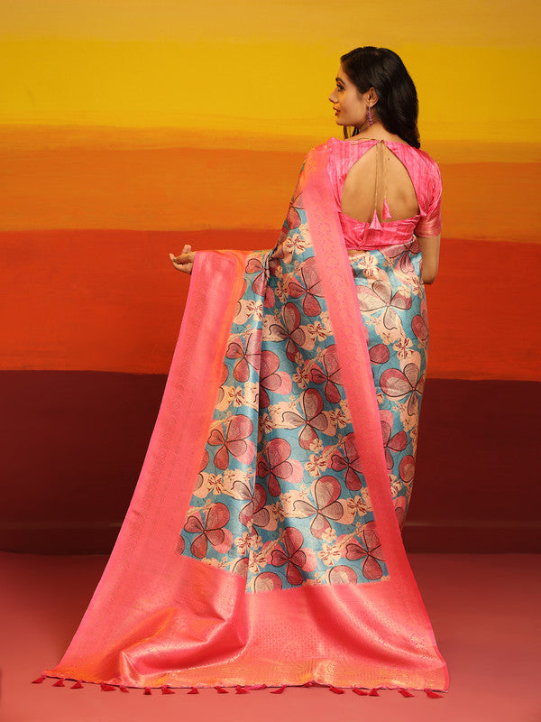 Pink Silk Blend Woven Zari Design Floral Saree with Blouse Piece