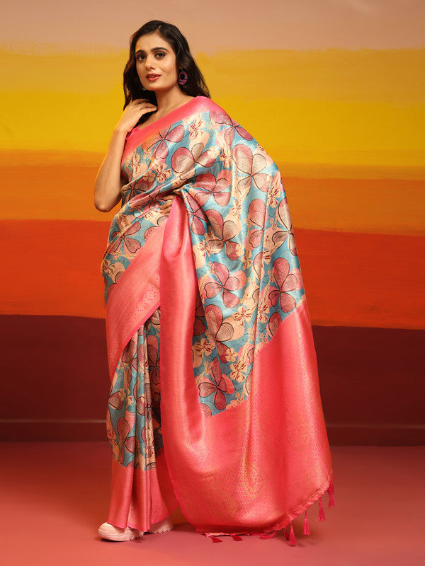Pink Silk Blend Woven Zari Design Floral Saree with Blouse Piece