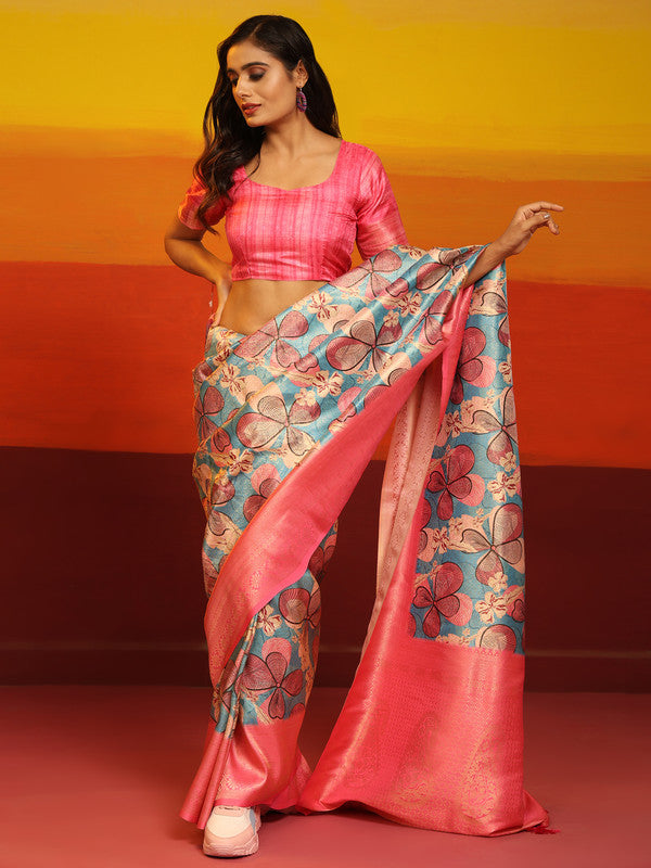 Pink Silk Blend Woven Zari Design Floral Saree with Blouse Piece