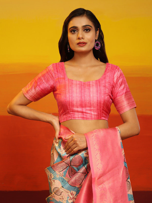 Pink Silk Blend Woven Zari Design Floral Saree with Blouse Piece