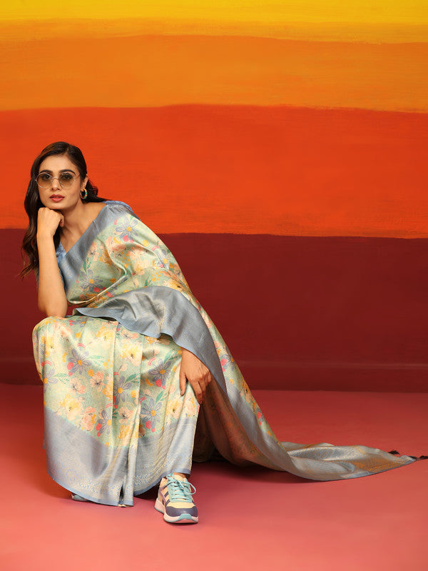 Gray silk blend saree with intricate woven Zari floral motifs