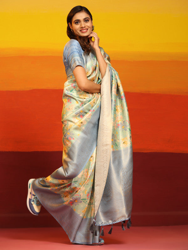 Gray Silk Blend Saree with Woven Zari Floral Design