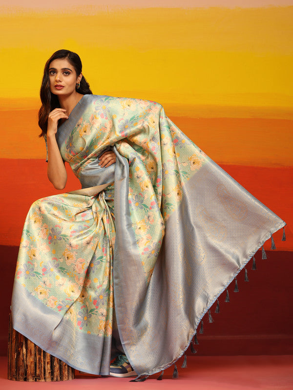 Gray Silk Blend Saree with Woven Zari Floral Design