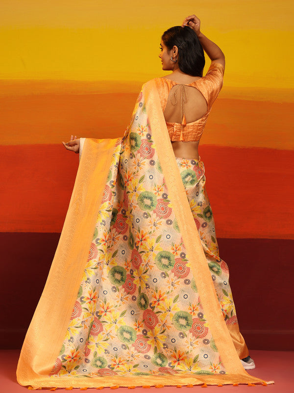 Multicolor Silk Blend Floral Zari Woven Saree with Blouse Piece