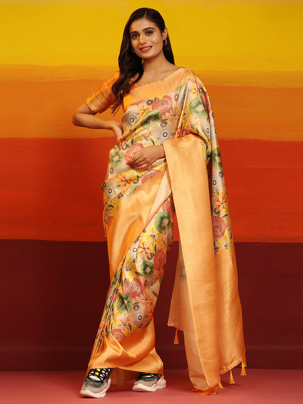 Multicolor Silk Blend Floral Zari Woven Saree with Blouse Piece