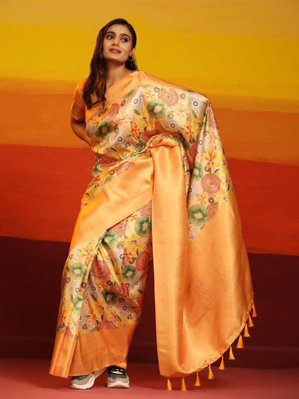 Multicolor Silk Blend Floral Zari Woven Saree with Blouse Piece