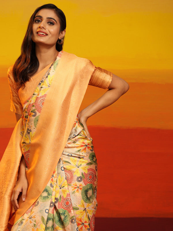 Multicolor Silk Blend Floral Zari Woven Saree with Blouse Piece