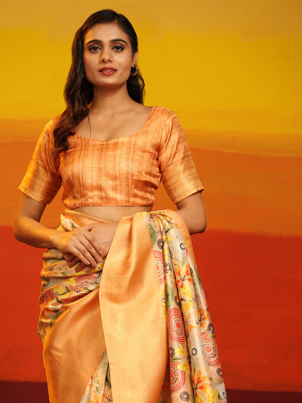 Multicolor Silk Blend Floral Zari Woven Saree with Blouse Piece