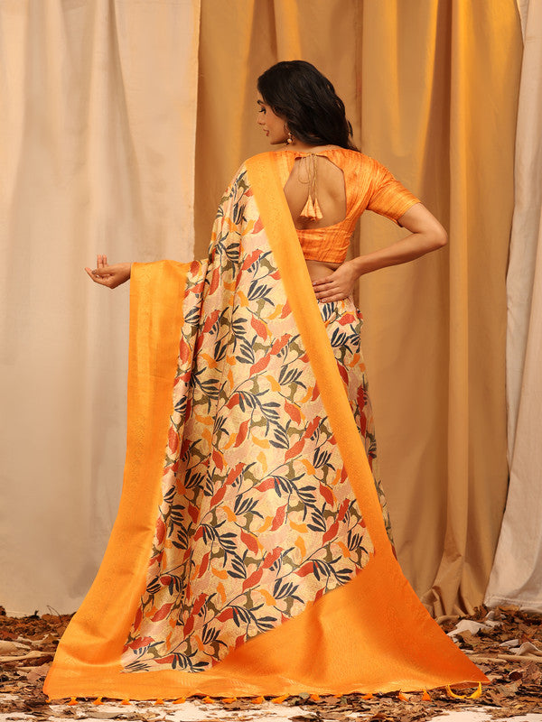 Orange Silk Blend Woven Zari Design Floral Saree with Blouse Piece