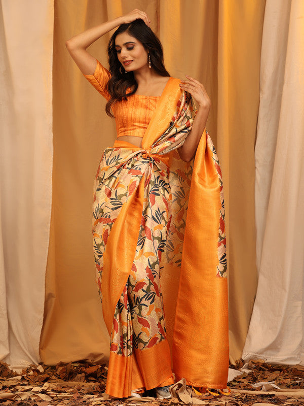 Orange Silk Blend Woven Zari Design Floral Saree with Blouse Piece