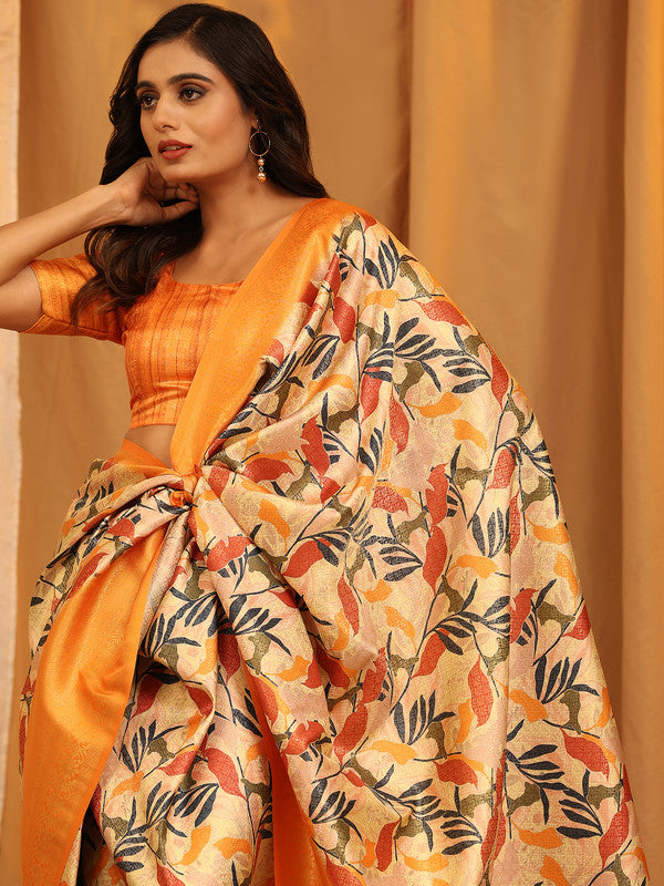 Orange Silk Blend Woven Zari Design Floral Saree with Blouse Piece