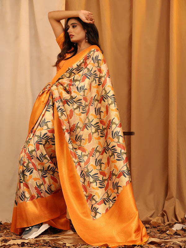 Orange Silk Blend Woven Zari Design Floral Saree with Blouse Piece