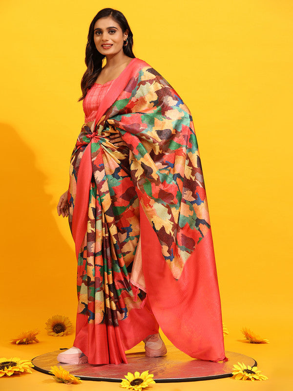 Pink silk blend saree with woven Zari floral details and unstitched blouse