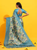 Turquoise Silk Blend Zari Floral Saree with Blouse
