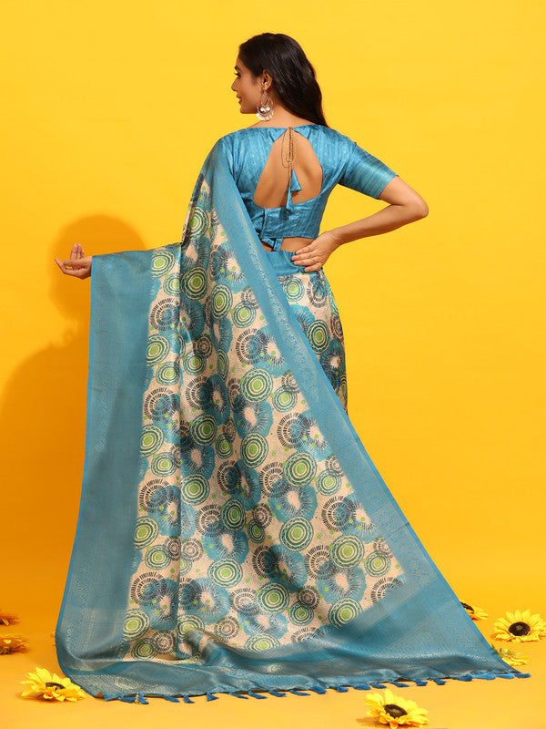 Turquoise Silk Blend Zari Floral Saree with Blouse