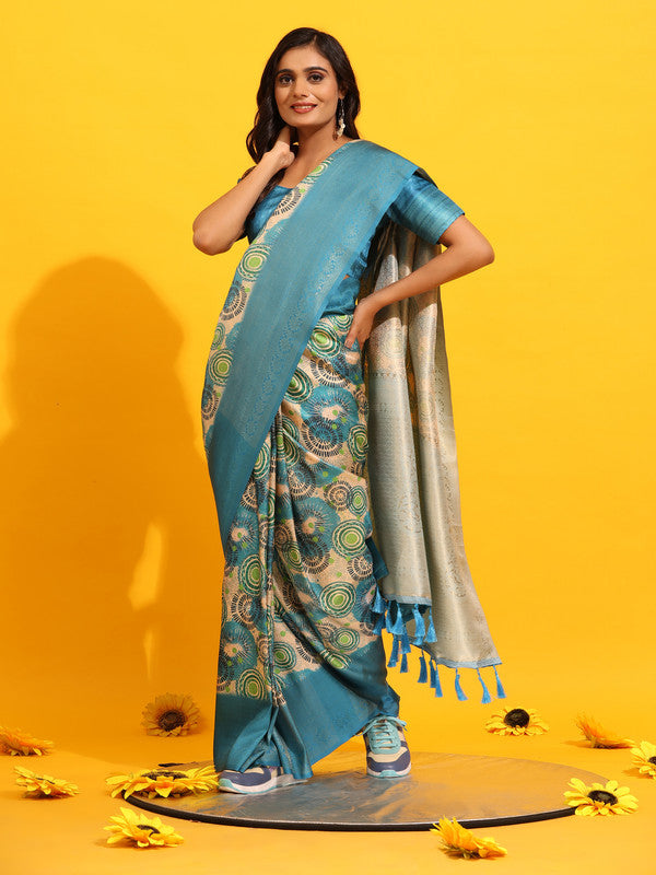 Turquoise silk blend woven zari design floral saree with unstitched blouse piece