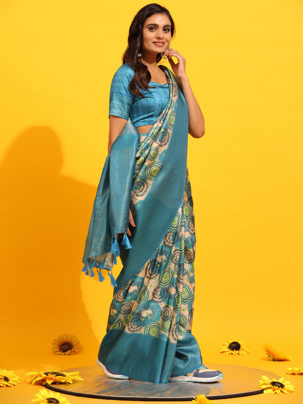 Turquoise Silk Blend Zari Floral Saree with Blouse