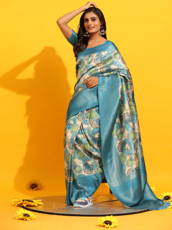 Turquoise Silk Blend Zari Floral Saree with Blouse