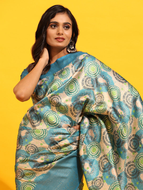 Turquoise Silk Blend Zari Floral Saree with Blouse