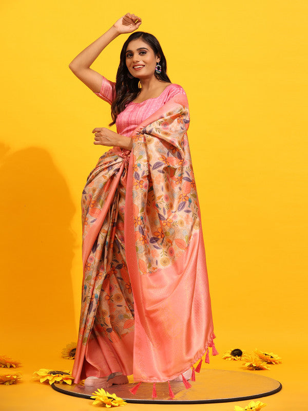 Pink silk blend saree with woven zari floral design and unstitched blouse