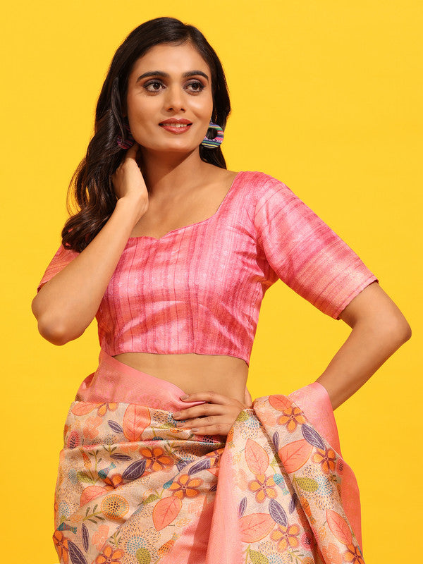 Pink Silk Blend Woven Zari Design Floral Saree with Blouse