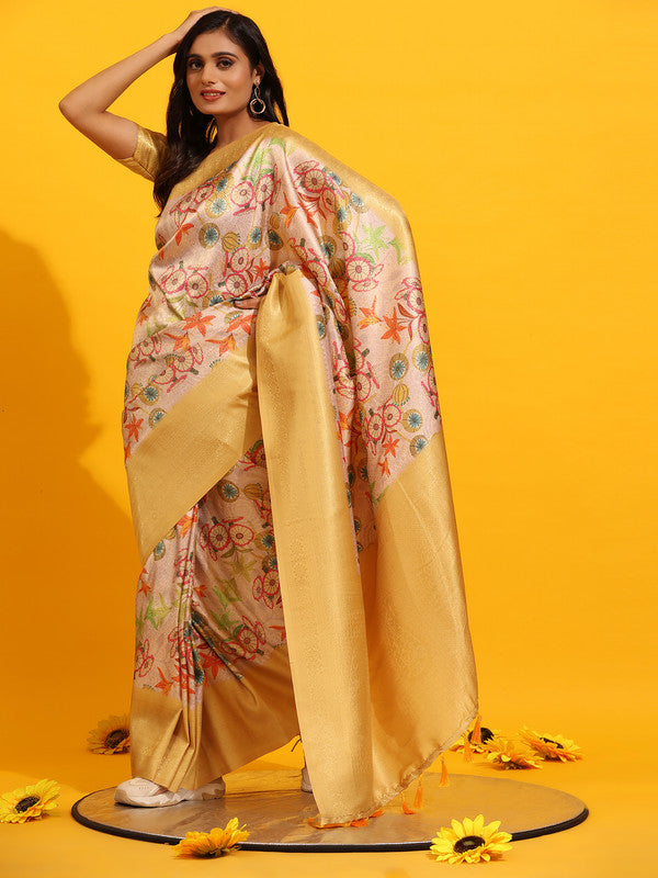 Yellow Silk Blend saree with woven Zari floral design and matching unstitched blouse piece