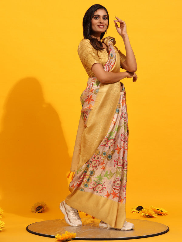 Yellow Silk Blend Saree with Floral Zari Weave & Blouse Piece