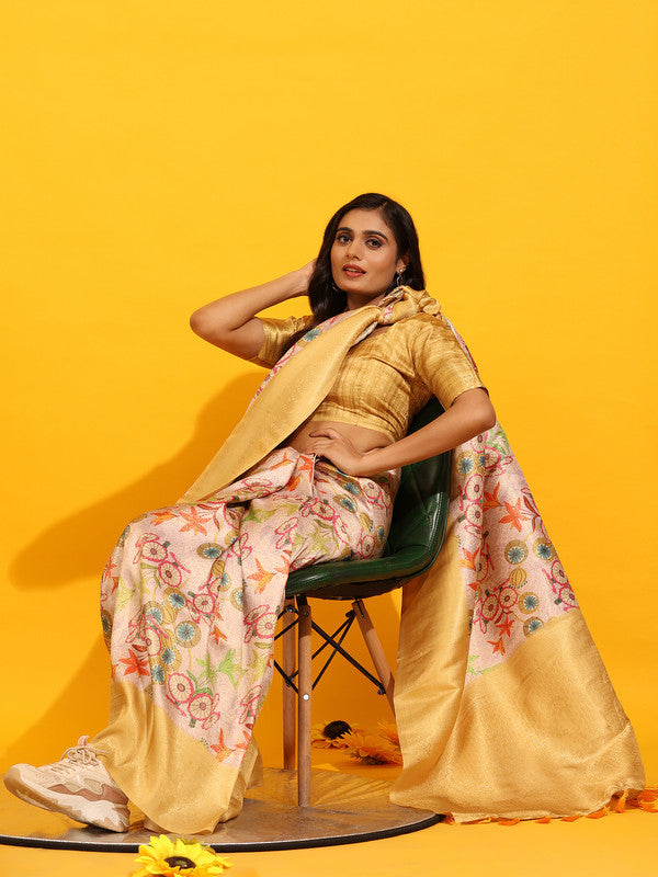 Yellow Silk Blend Saree with Floral Zari Weave & Blouse Piece