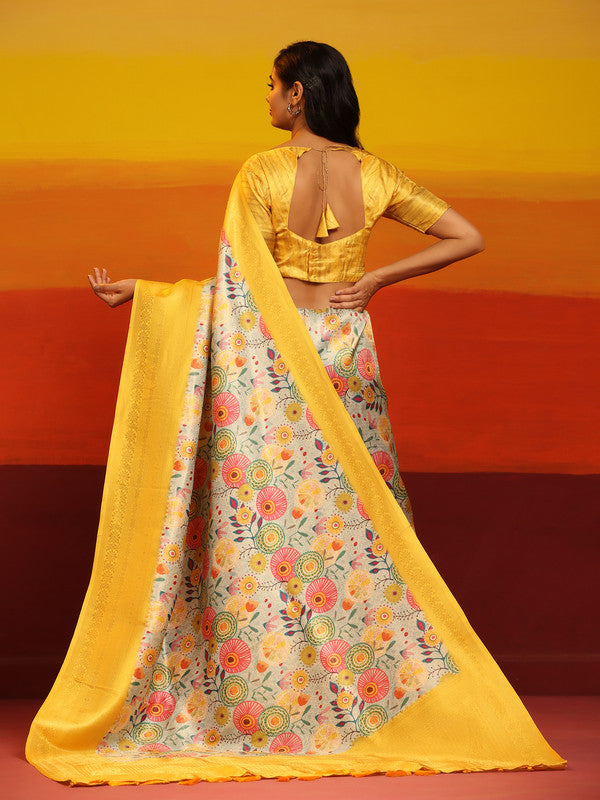 Yellow Silk Blend Woven Zari Floral Saree with Unstitched Blouse