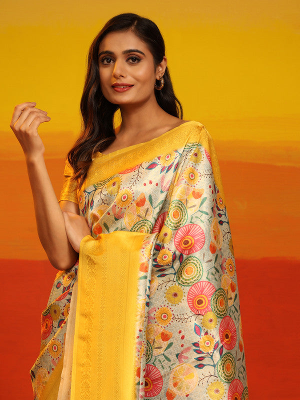 Yellow Silk Blend Woven Zari Floral Saree with Unstitched Blouse