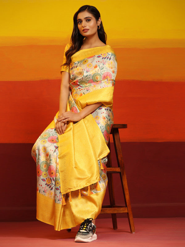 Yellow Silk Blend Woven Zari Floral Saree with Unstitched Blouse