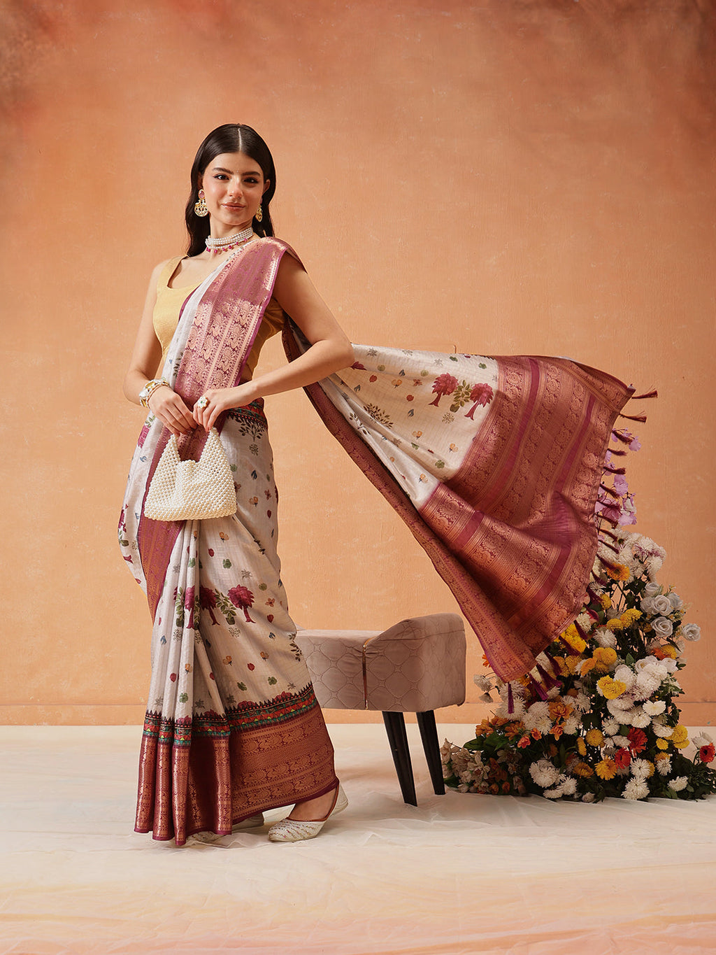 Elegant grey Kanjeevaram Banarasi silk saree adorned with delicate floral digital prints.
