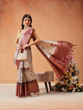 Elegant grey Kanjeevaram Banarasi silk saree adorned with delicate floral digital prints.